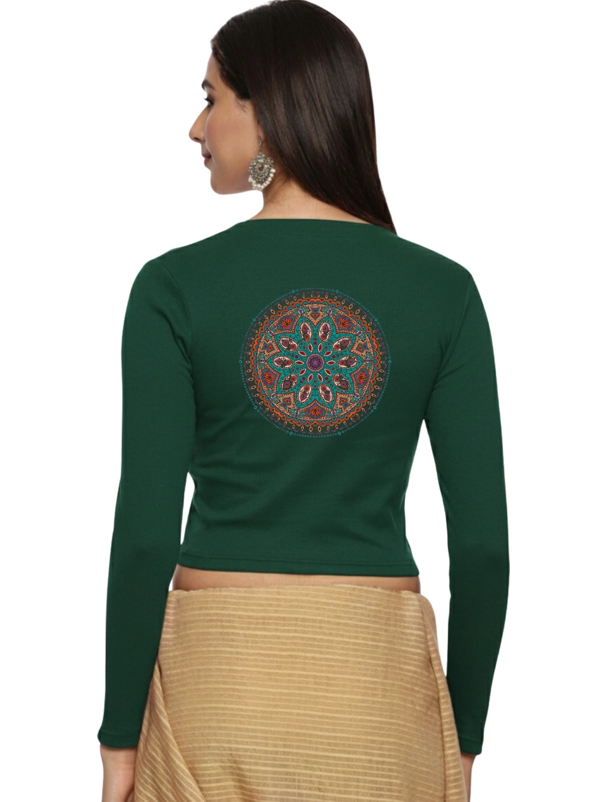 Women Back Printed Stretchable Full Sleeve V Neck RIB Blouse U0188 Bottle Green