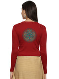 Women Back Printed Stretchable Full Sleeve V Neck RIB Blouse U0188 Burgandy