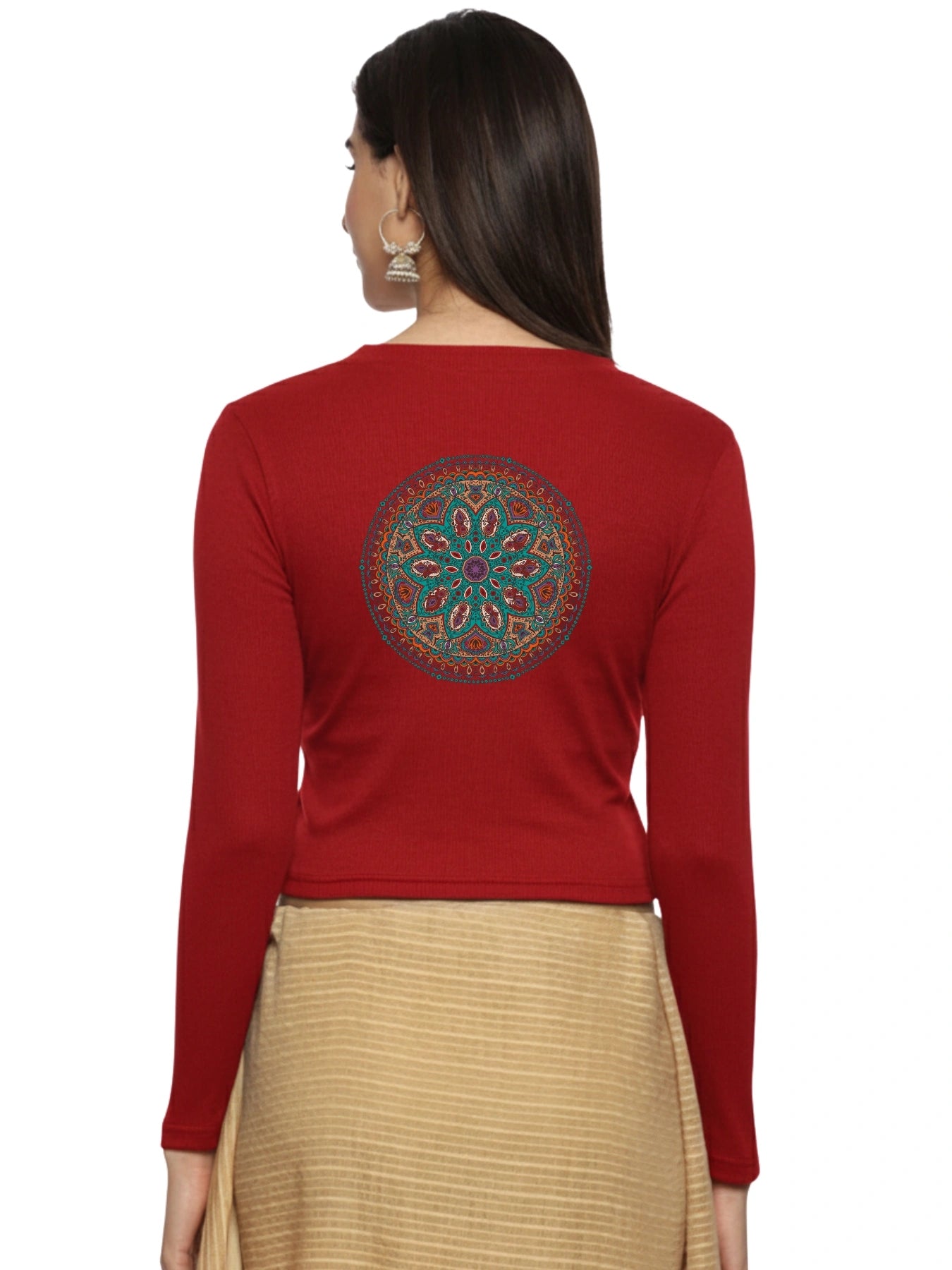 Women Back Printed Stretchable Full Sleeve V Neck RIB Blouse U0188 Burgandy
