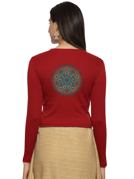 Women Back Printed Stretchable Full Sleeve V Neck RIB Blouse U0188 Burgandy
