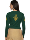 Women Back Printed Stretchable Full Sleeve V Neck RIB Blouse U0189 Bottle Green