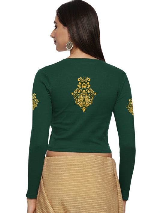 Women Back Printed Stretchable Full Sleeve V Neck RIB Blouse U0189 Bottle Green
