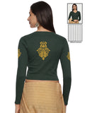 Women Back Printed Stretchable Full Sleeve V Neck RIB Blouse U0189 Khaki Green