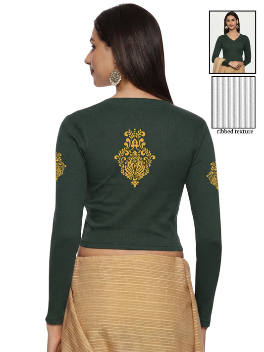 Women Back Printed Stretchable Full Sleeve V Neck RIB Blouse U0189 Khaki Green