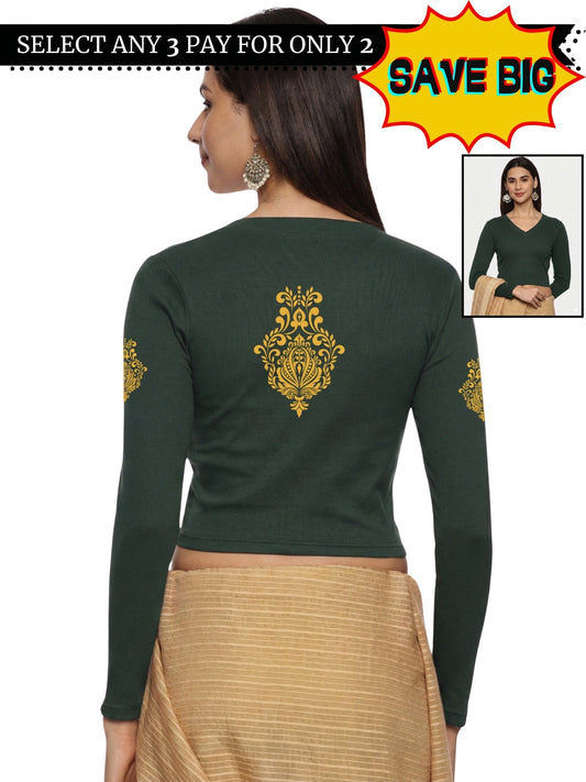 Women Back Printed Stretchable Full Sleeve V Neck RIB Blouse U0189 Khaki Green