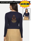 Women Back Printed Stretchable Full Sleeve V Neck RIB Blouse U0190 Navy