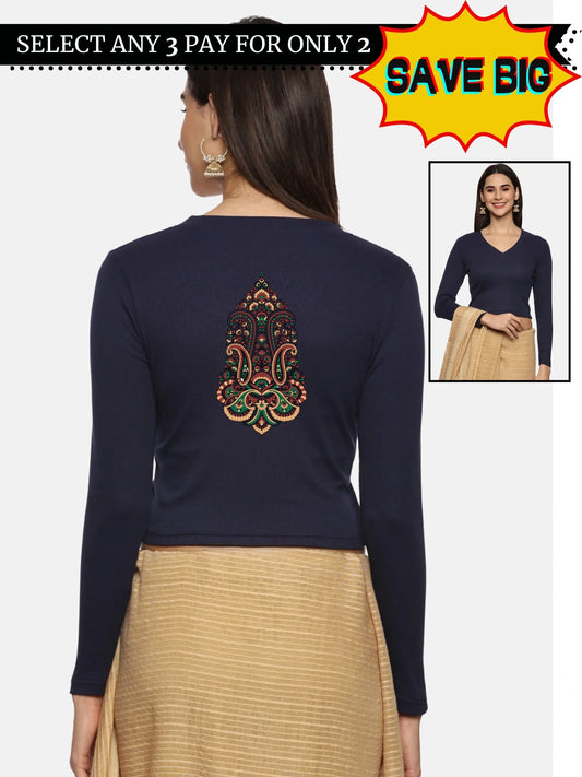 Women Back Printed Stretchable Full Sleeve V Neck RIB Blouse U0190 - notyetbyus