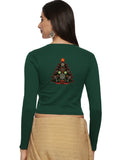 Women Back Printed Stretchable Full Sleeve V Neck RIB Blouse U0192 Bottle Green