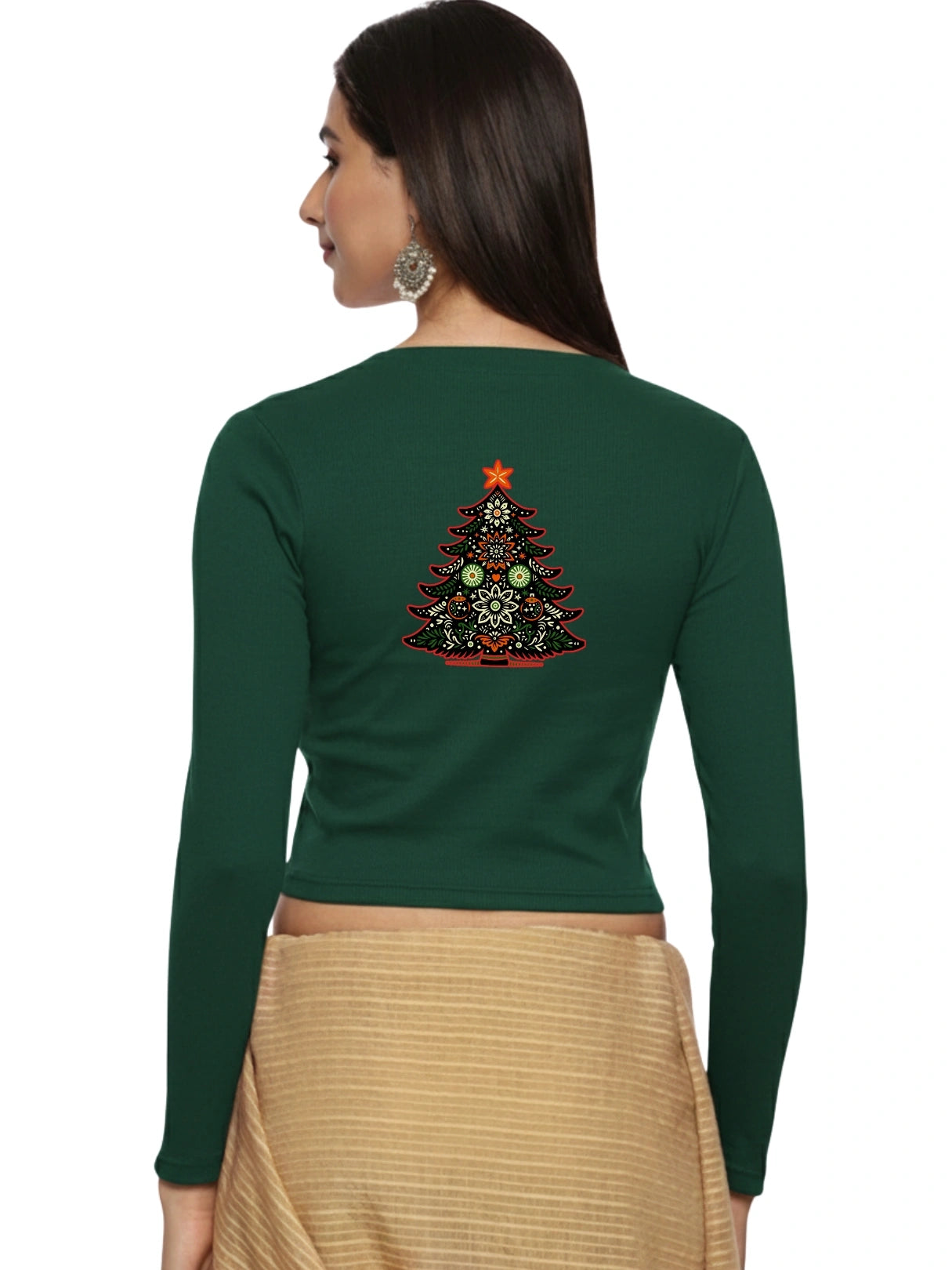 Women Back Printed Stretchable Full Sleeve V Neck RIB Blouse U0192 Bottle Green
