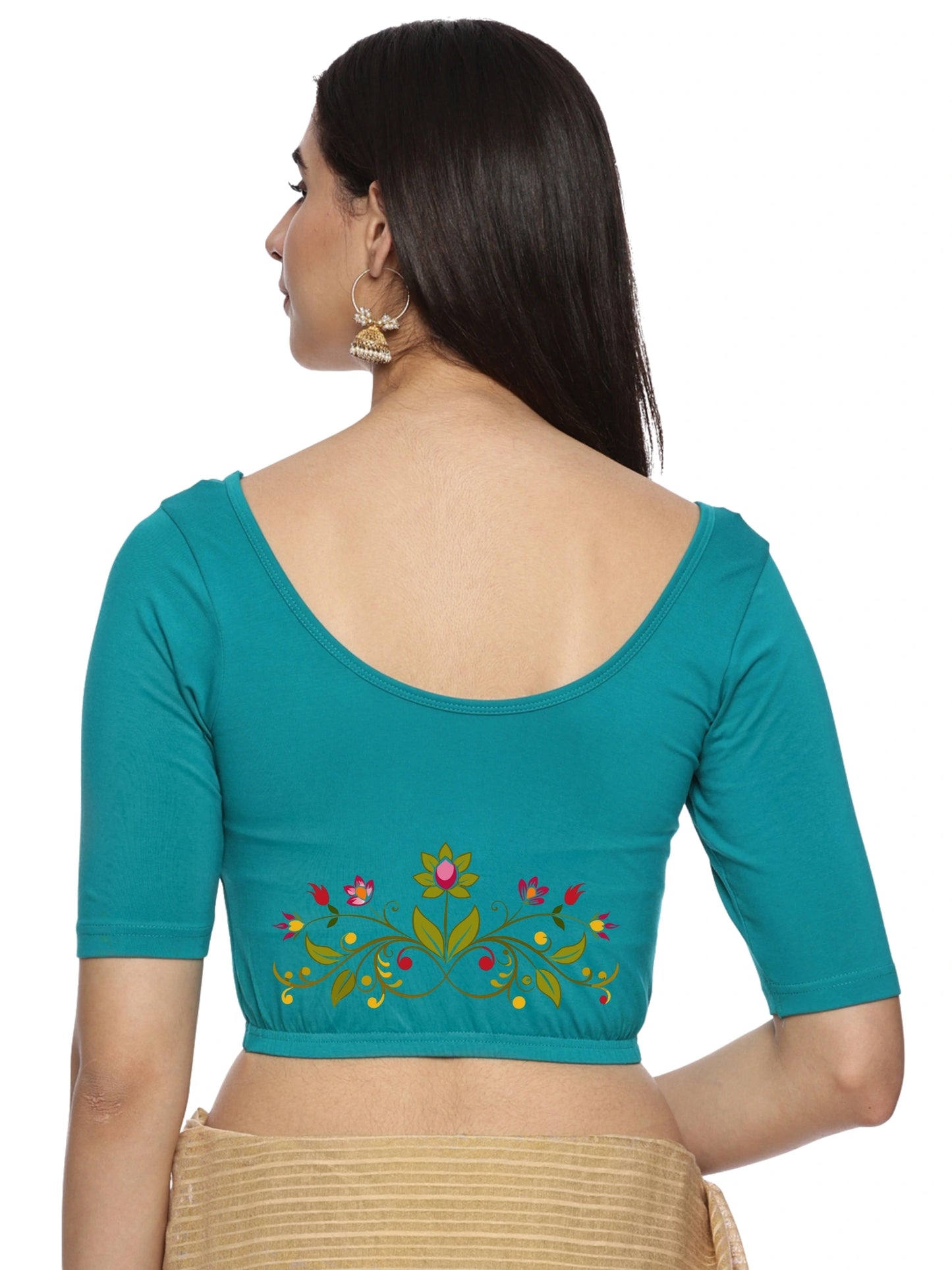 Women Back Printed Stretchable Half Sleeve Blouse U0197 Rama Green