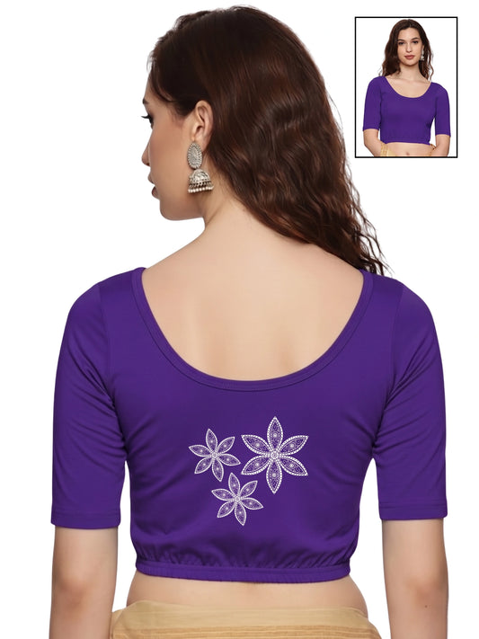 Women Back Printed Stretchable Half Sleeve Blouse U0198 Purple