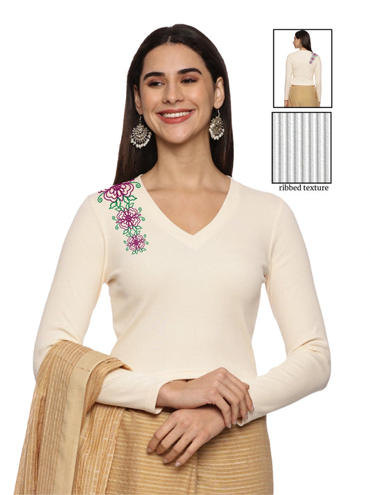 Women Back Printed Stretchable Full Sleeve V Neck RIB Blouse U0212 Cream
