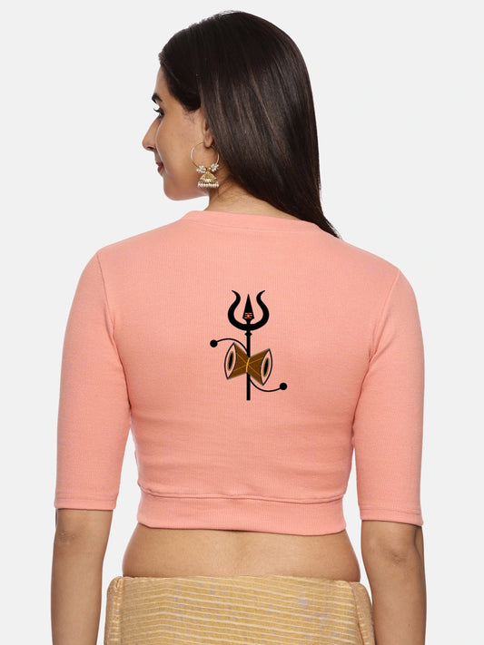 Women Back Printed Stretchable Elbow Sleeve RIB Blouse U0221 Peach