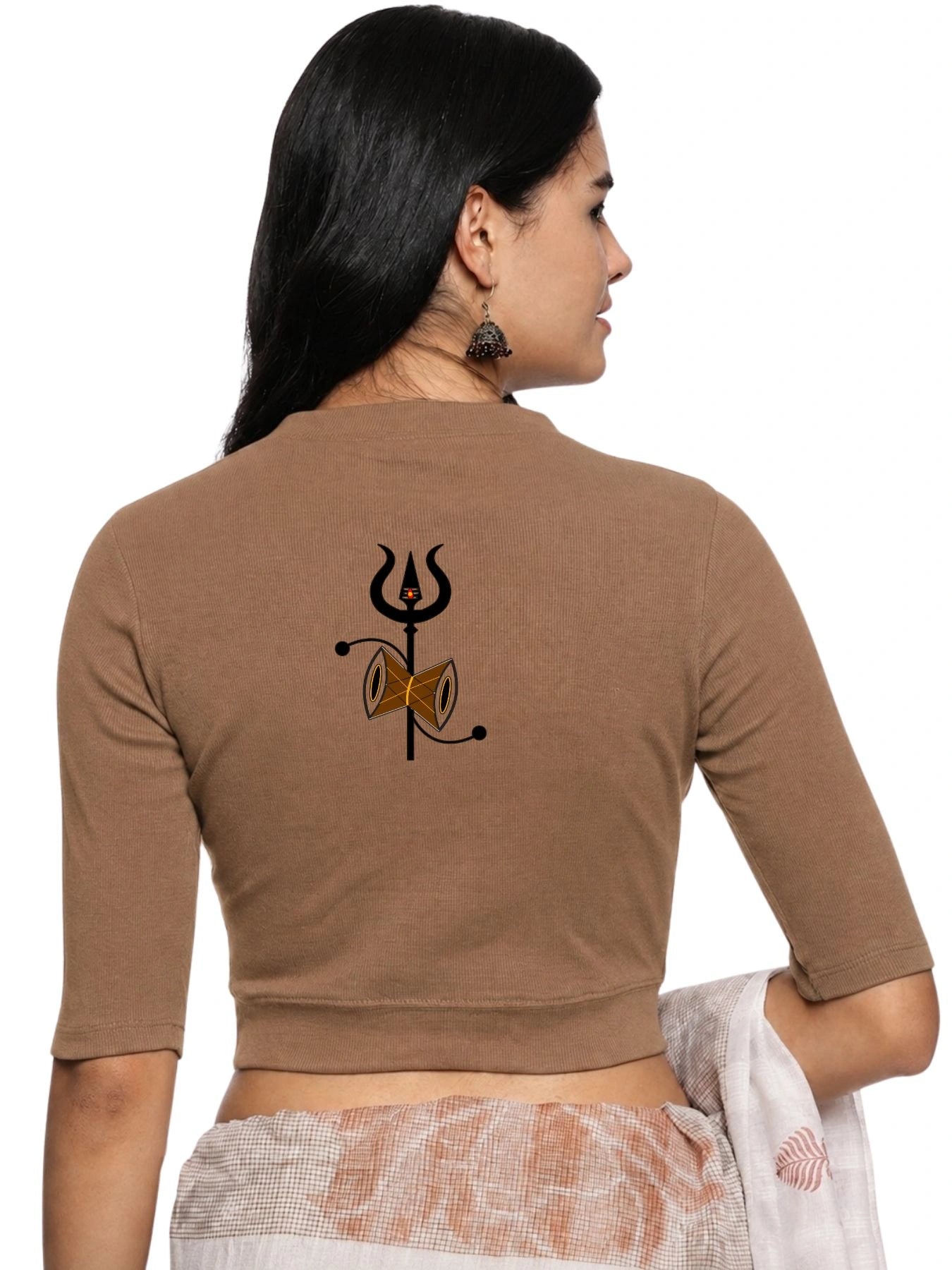 Women Back Printed Stretchable Elbow Sleeve RIB Blouse U0221 Biscuit