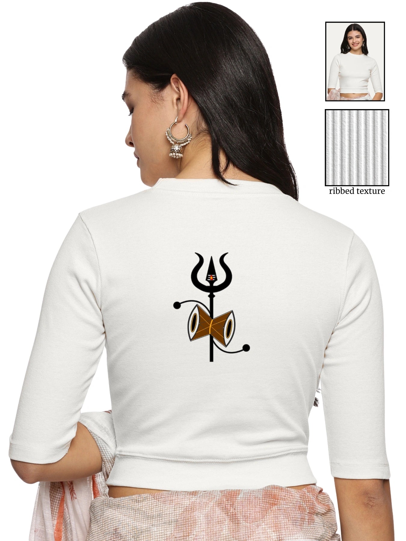 Women Back Printed Stretchable Elbow Sleeve RIB Blouse U0221 White