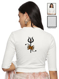 Women Back Printed Stretchable Elbow Sleeve RIB Blouse U0221 White