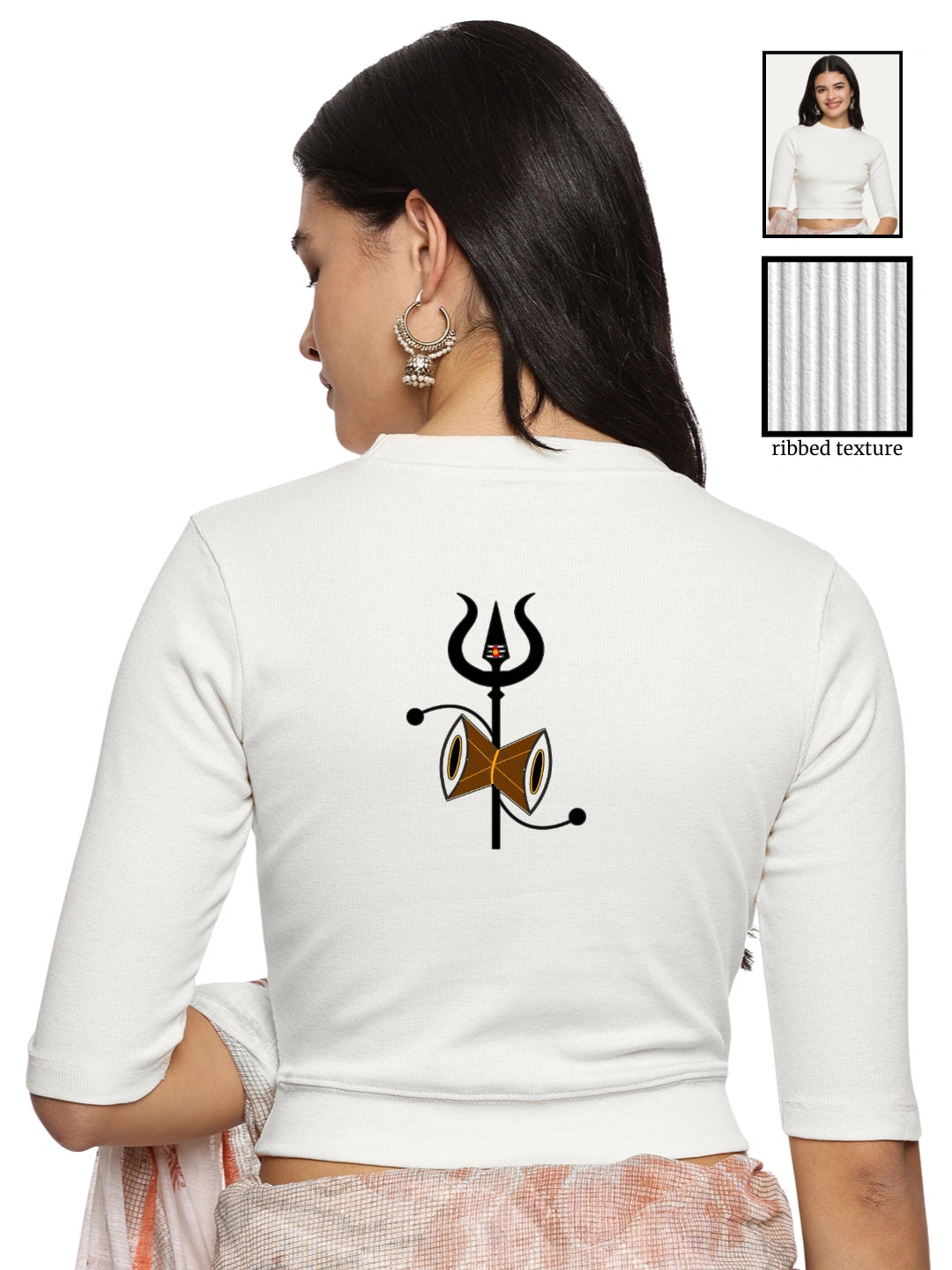 Women Back Printed Stretchable Elbow Sleeve RIB Blouse U0221 White