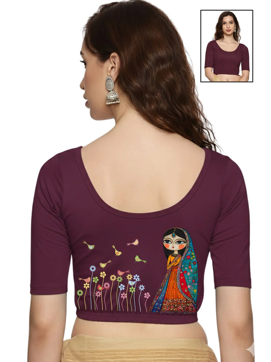 Women Back Printed Stretchable Half Sleeve Blouse U0223 Violet