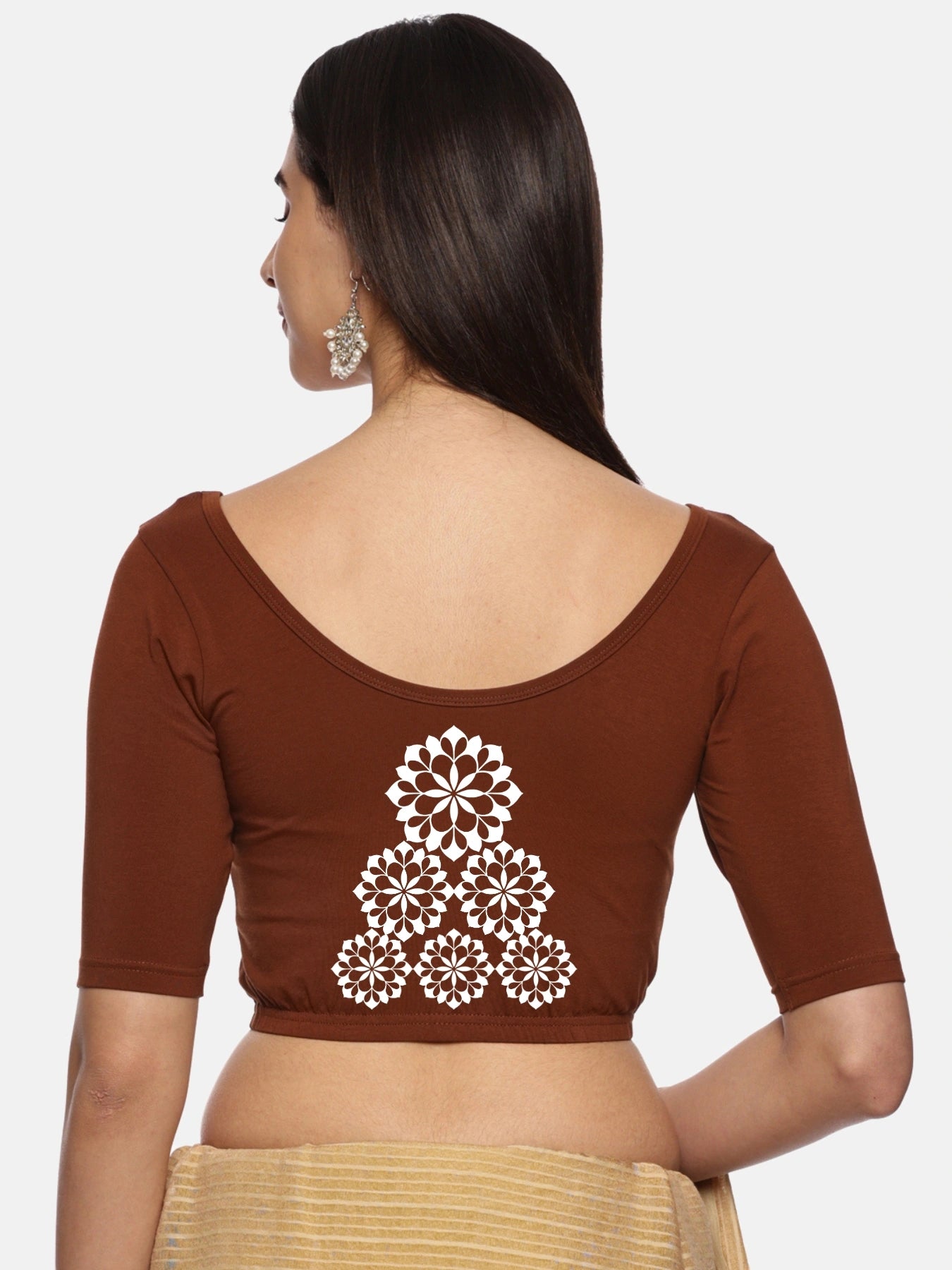 Women Back Printed Stretchable Half Sleeve Blouse U0224 Honey Brown