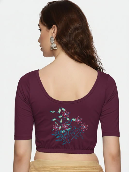 Women Back Printed Stretchable  Half Sleeve Blouse U0225 Violet
