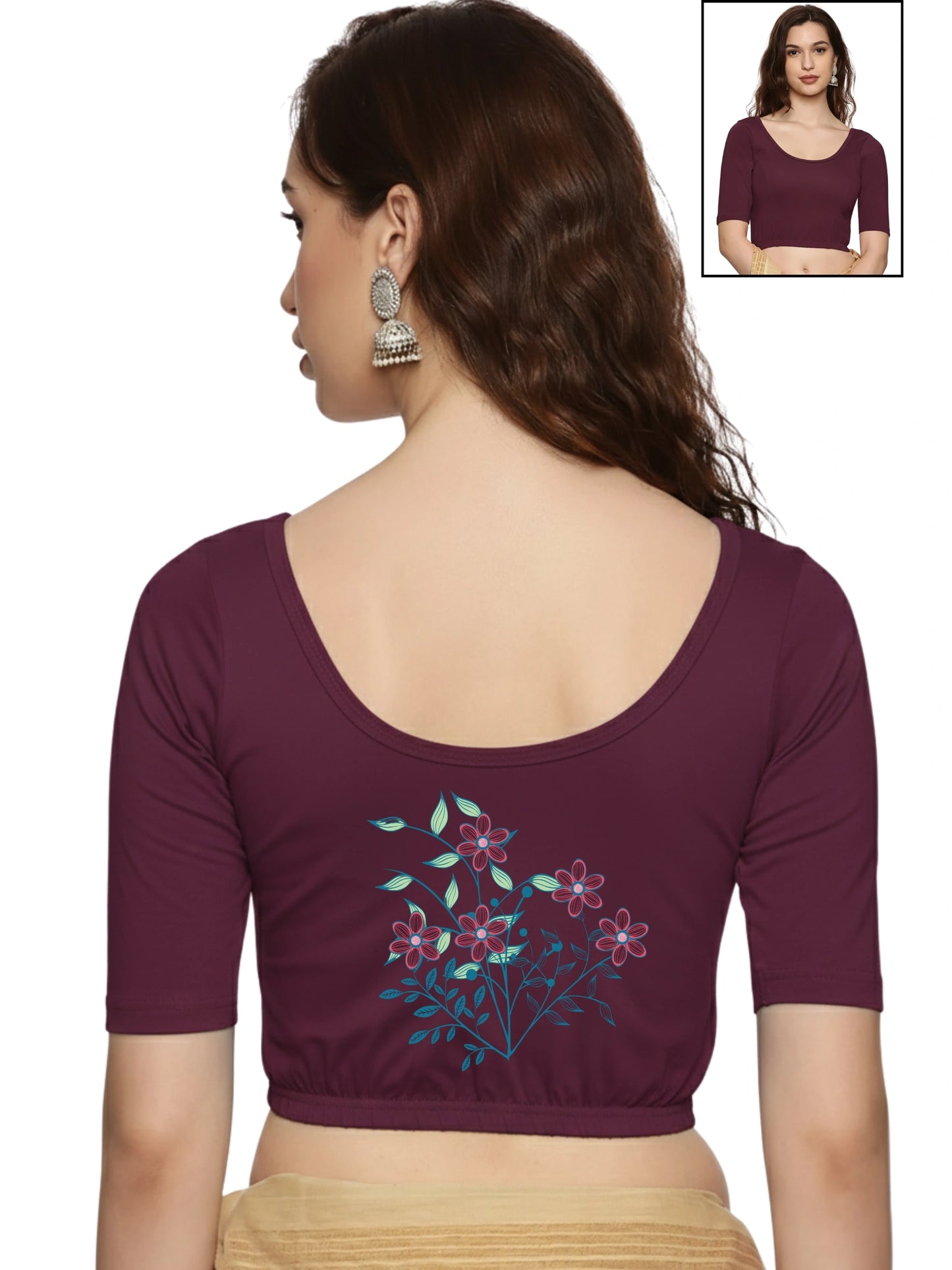 Women Back Printed Stretchable  Half Sleeve Blouse U0225 Violet