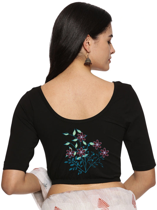 Women Back Printed Stretchable  Half Sleeve Blouse U0225 Black