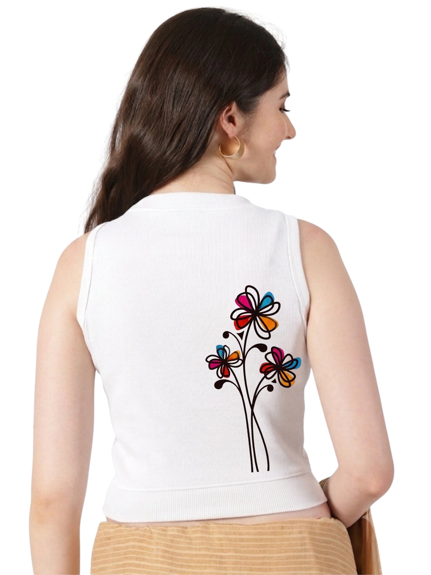 Women Back Printed Stretchable Sleeveless Close Neck RIB Blouse U0234 White
