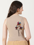 Women Back Printed Stretchable Sleeveless Close Neck RIB Blouse U0234 Chikoo