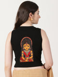 Women Back Printed Stretchable Sleeveless Close Neck RIB Blouse U0235 Black