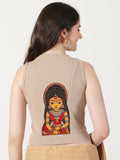 Women Back Printed Stretchable Sleeveless Close Neck RIB Blouse U0235 Chikoo