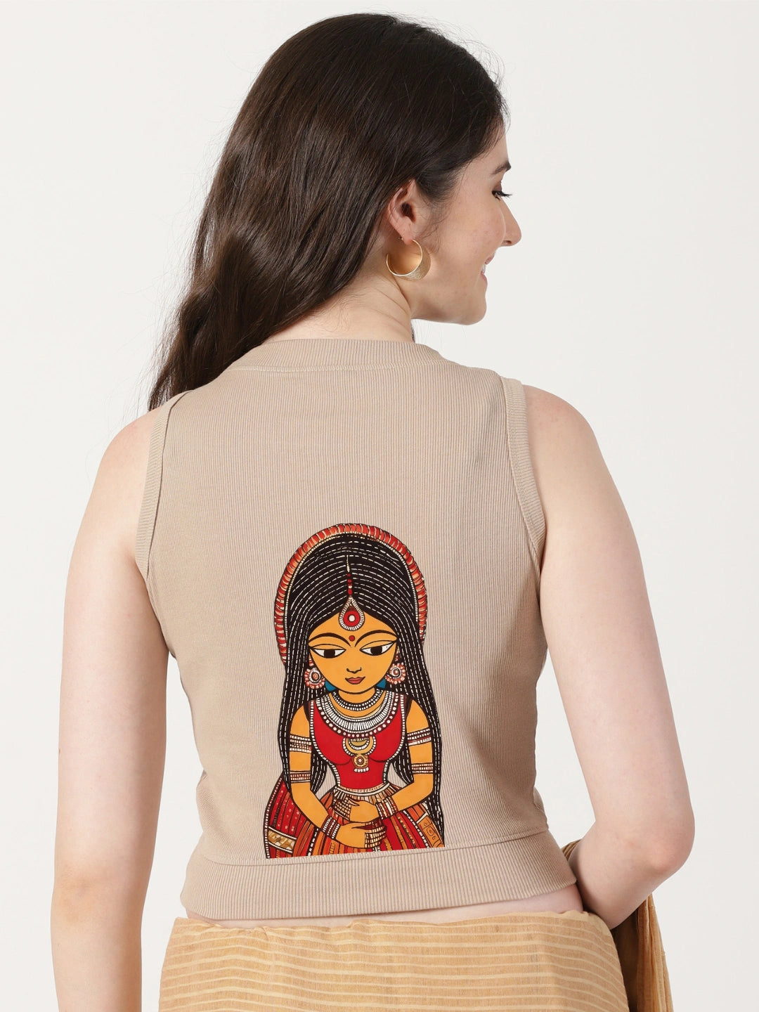 Women Back Printed Stretchable Sleeveless Close Neck RIB Blouse U0235 Chikoo