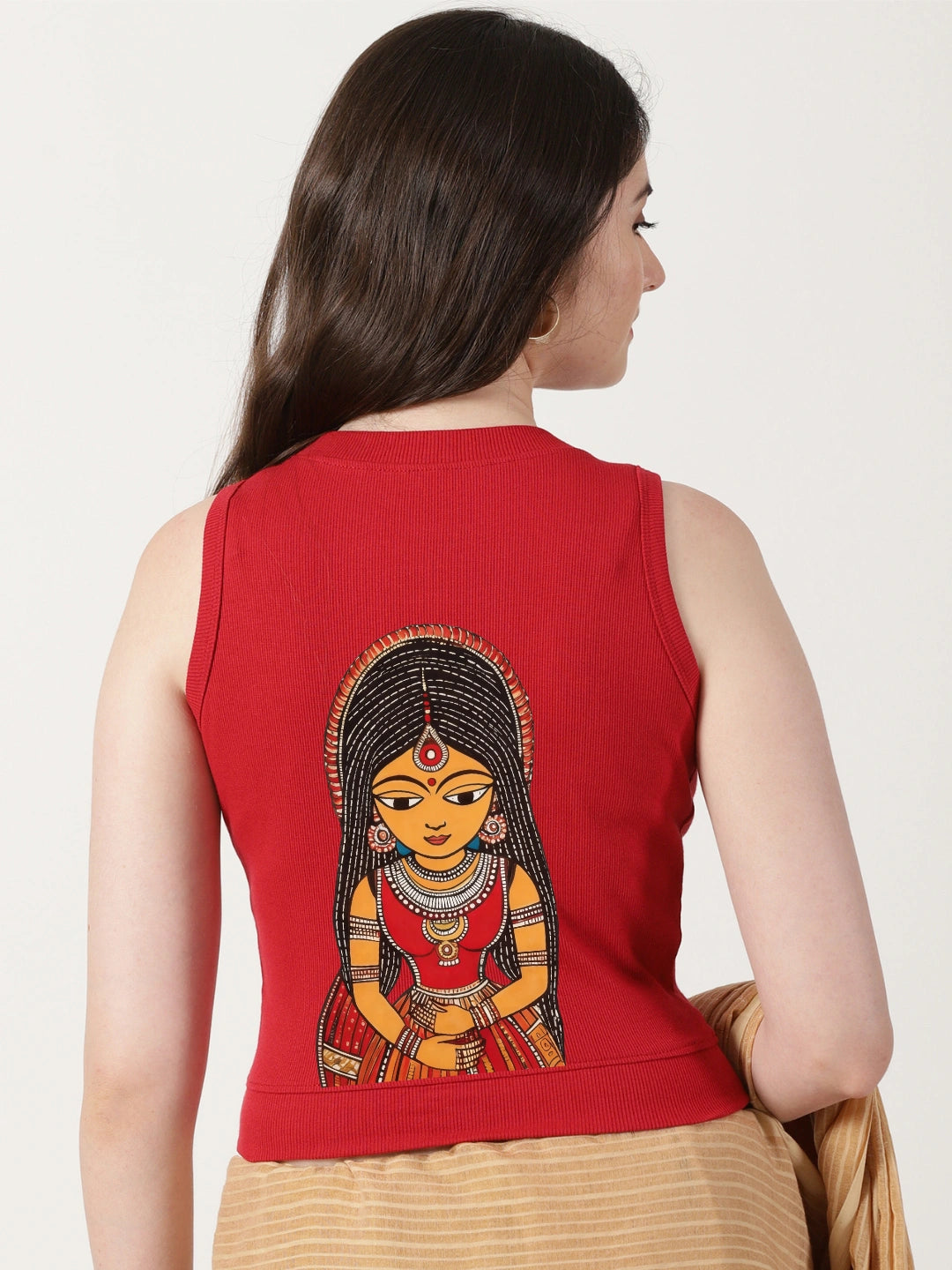Women Back Printed Stretchable Sleeveless Close Neck RIB Blouse U0235 Red