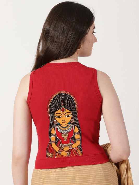 Women Back Printed Stretchable Sleeveless Close Neck RIB Blouse U0235 Red