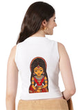 Women Back Printed Stretchable Sleeveless Close Neck RIB Blouse U0235 White