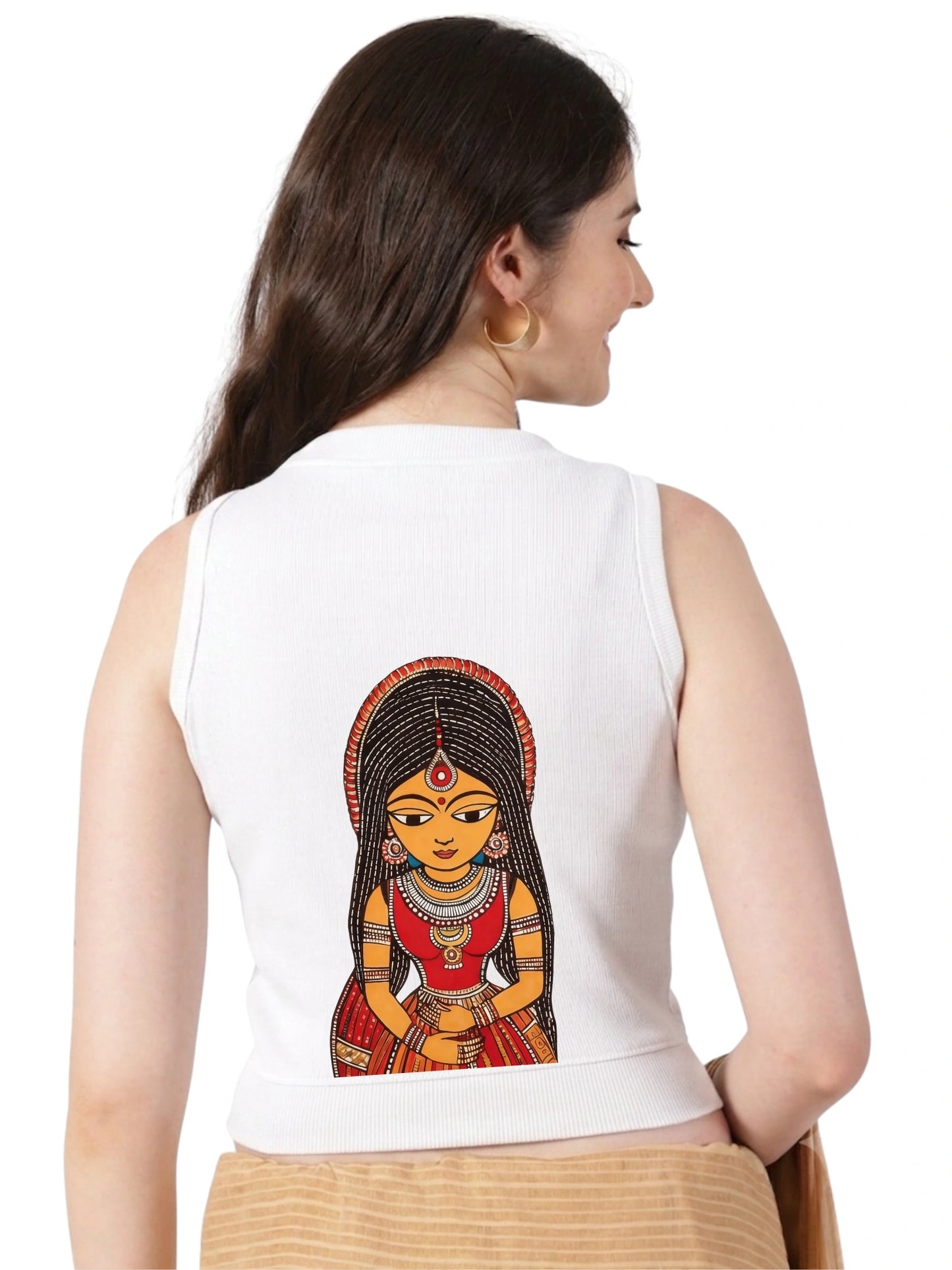 Women Back Printed Stretchable Sleeveless Close Neck RIB Blouse U0235 White