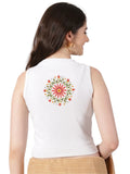 Women Back Printed Stretchable Sleeveless Close Neck RIB Blouse U0236 White