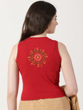 Women Back Printed Stretchable Sleeveless Close Neck RIB Blouse U0236 Red