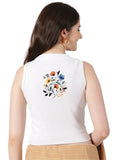 Women Back Printed Stretchable Sleeveless Close Neck RIB Blouse U0237 White