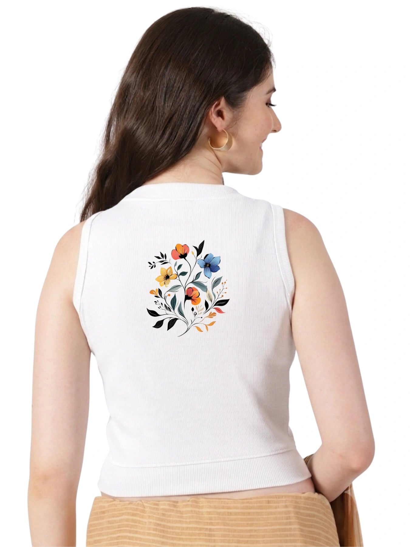 Women Back Printed Stretchable Sleeveless Close Neck RIB Blouse U0237 White