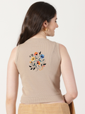 Women Back Printed Stretchable Sleeveless Close Neck RIB Blouse U0237 Chikoo