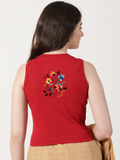 Women Back Printed Stretchable Sleeveless Close Neck RIB Blouse U0237 Red