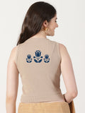 Women Back Printed Stretchable Sleeveless Close Neck RIB Blouse U0238 Chikoo