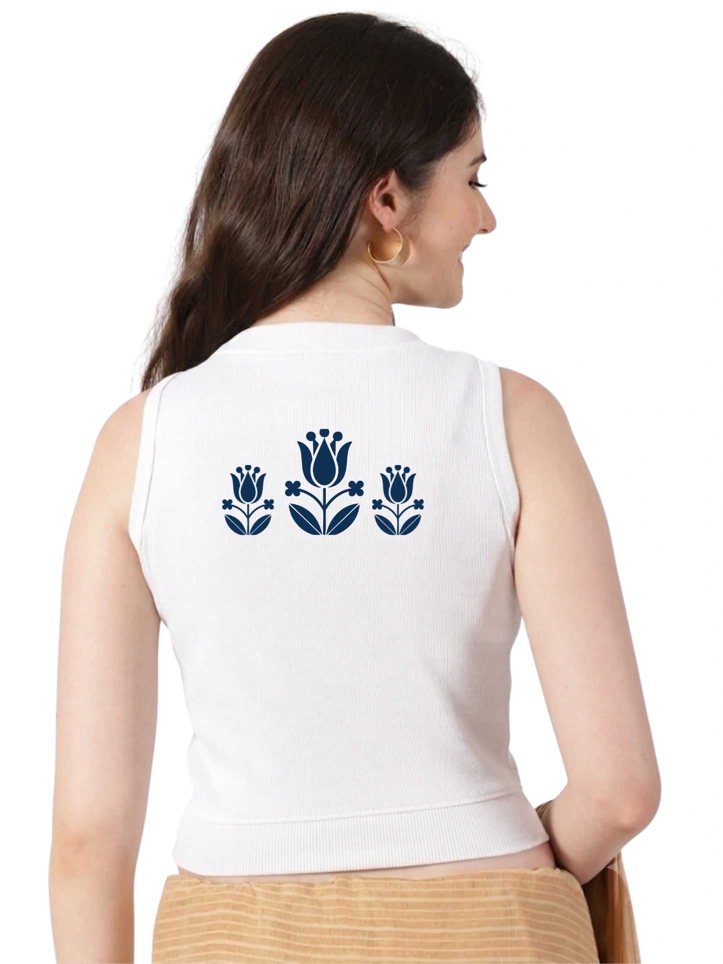 Women Back Printed Stretchable Sleeveless Close Neck RIB Blouse U0238 White