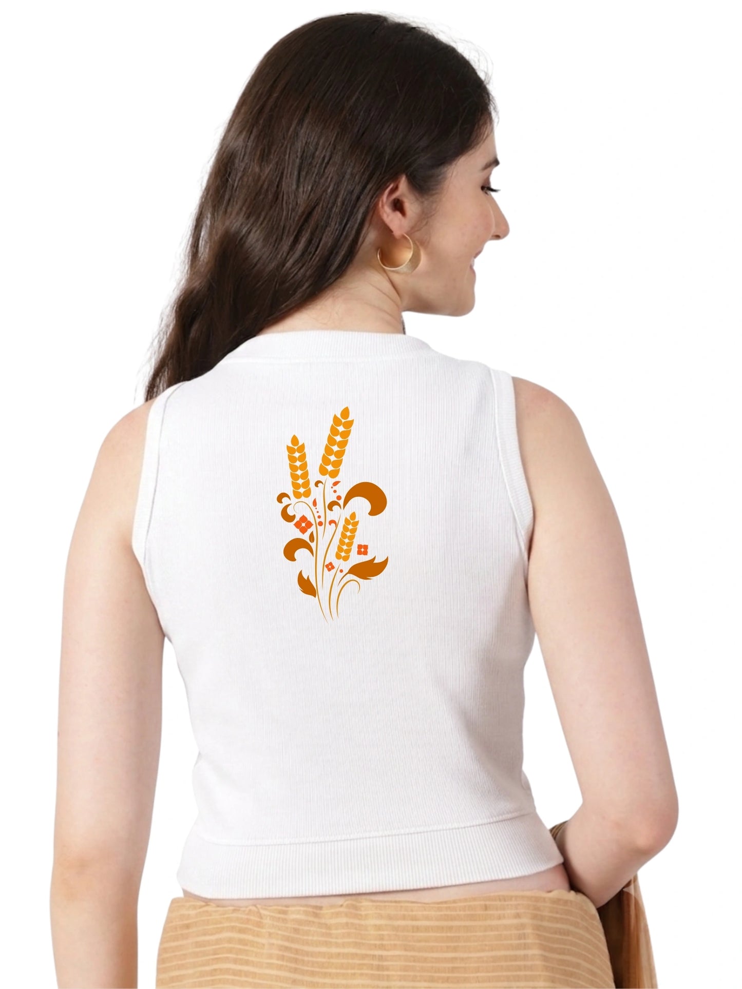 Women Back Printed Stretchable Sleeveless Close Neck RIB Blouse U0239 White