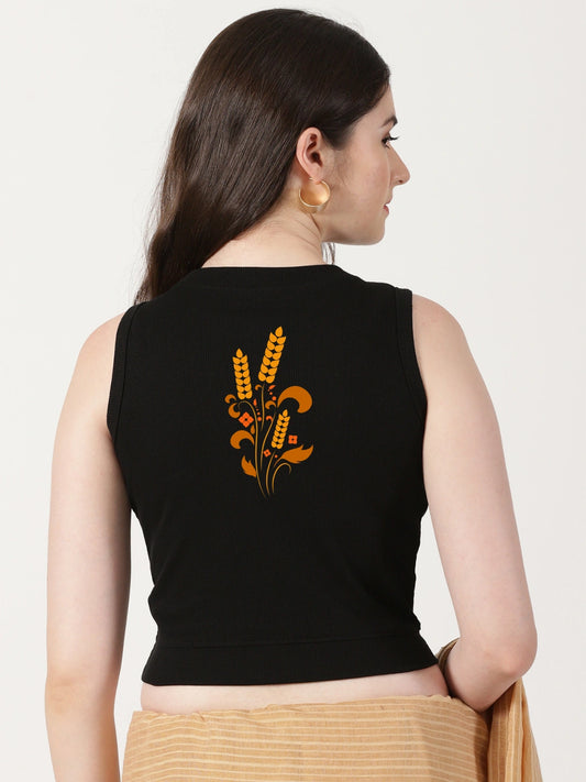 Women Back Printed Stretchable Sleeveless Close Neck RIB Blouse U0239 Black