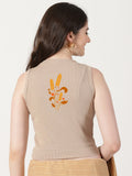 Women Back Printed Stretchable Sleeveless Close Neck RIB Blouse U0239 Chikoo