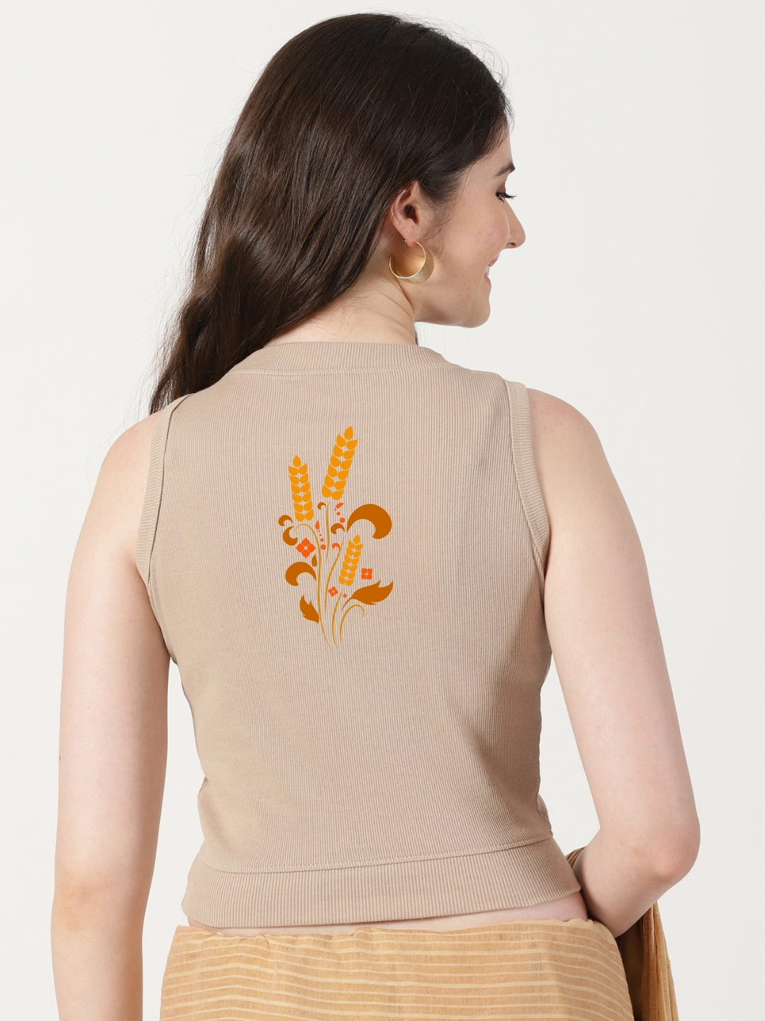 Women Back Printed Stretchable Sleeveless Close Neck RIB Blouse U0239 Chikoo