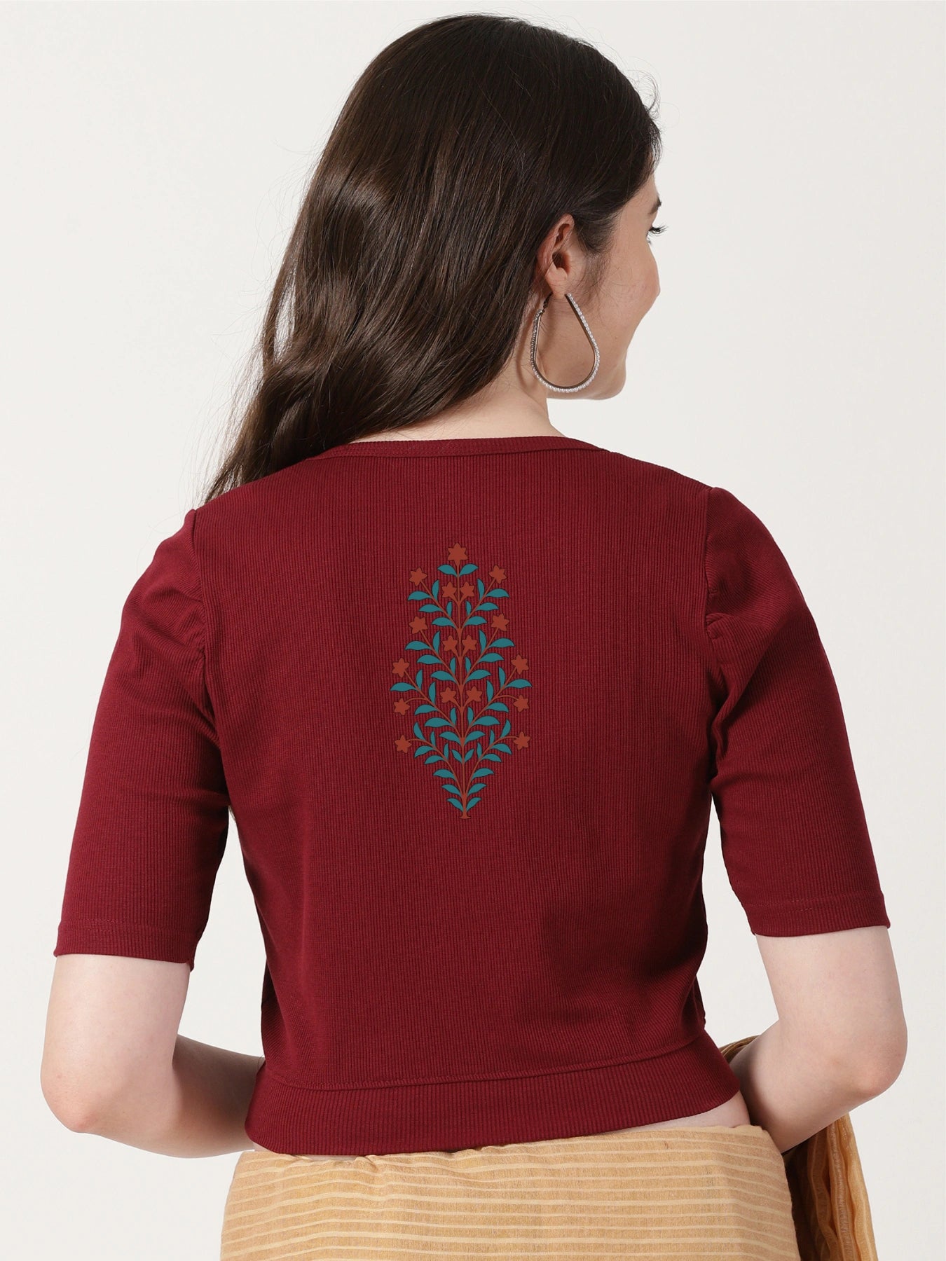 Women Stretchable Rib Square Neck Puff Sleeve Blouse Back Print U0242 Maroon