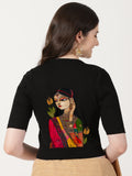 Women Stretchable Rib Square Neck Puff Sleeve Blouse Back Print U0243 Black