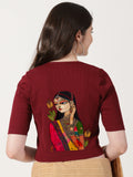 Women Stretchable Rib Square Neck Puff Sleeve Blouse Back Print U0243 Maroon